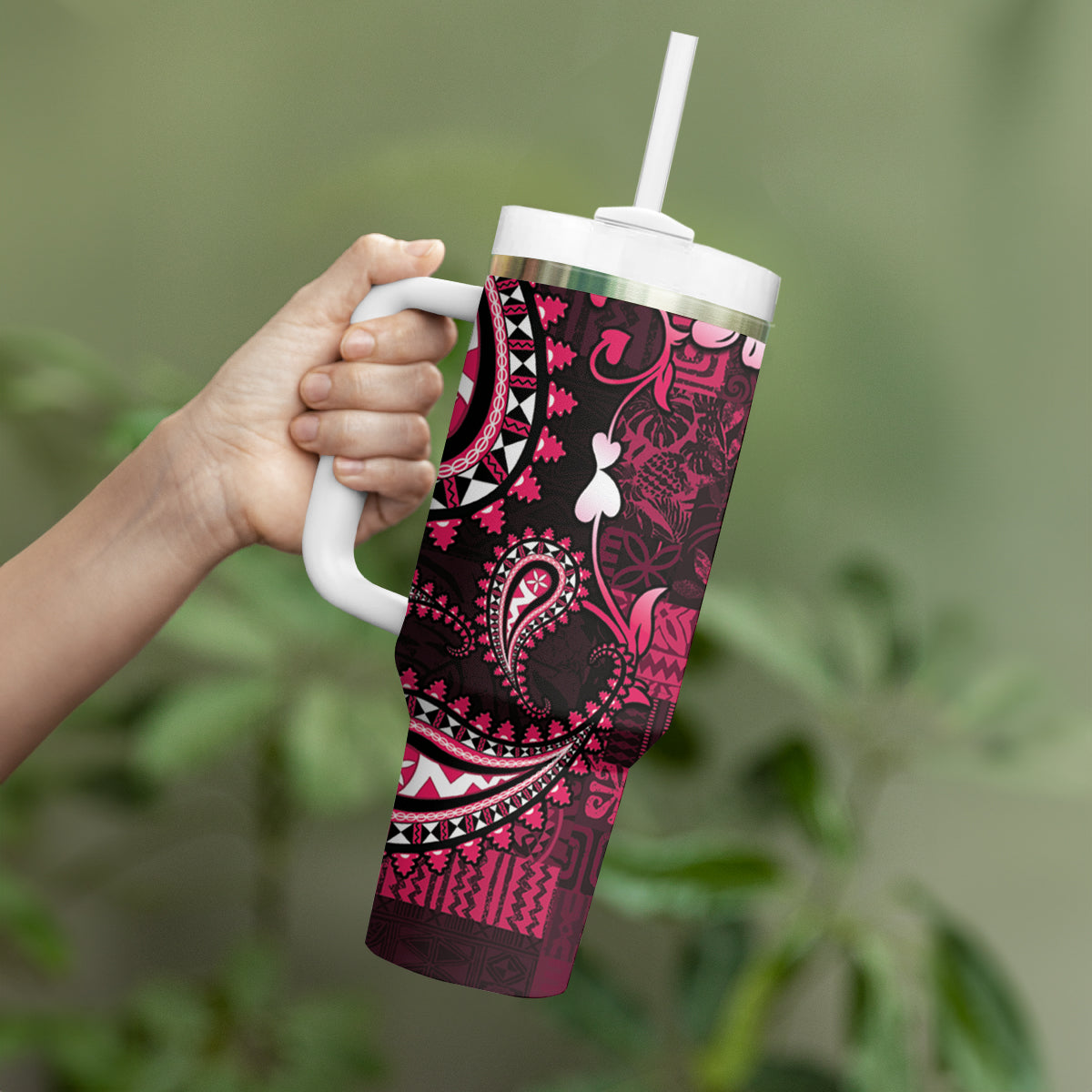 Fiji Masi Paisley With Hibiscus Tapa Tumbler With Handle Pink Version LT01 - Polynesian Pride