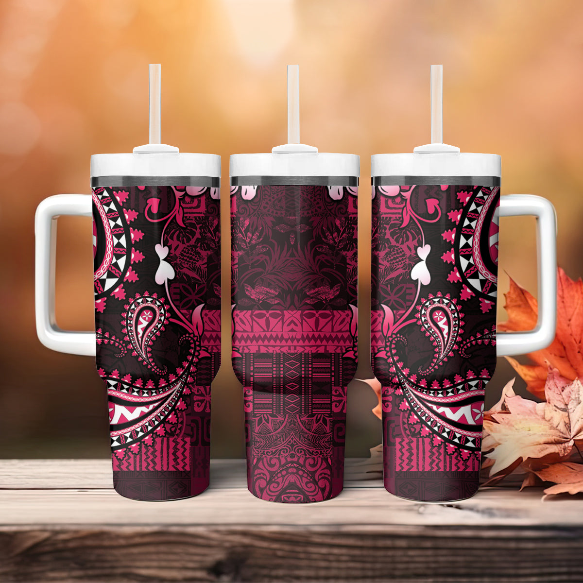 Fiji Masi Paisley With Hibiscus Tapa Tumbler With Handle Pink Version LT01 - Polynesian Pride
