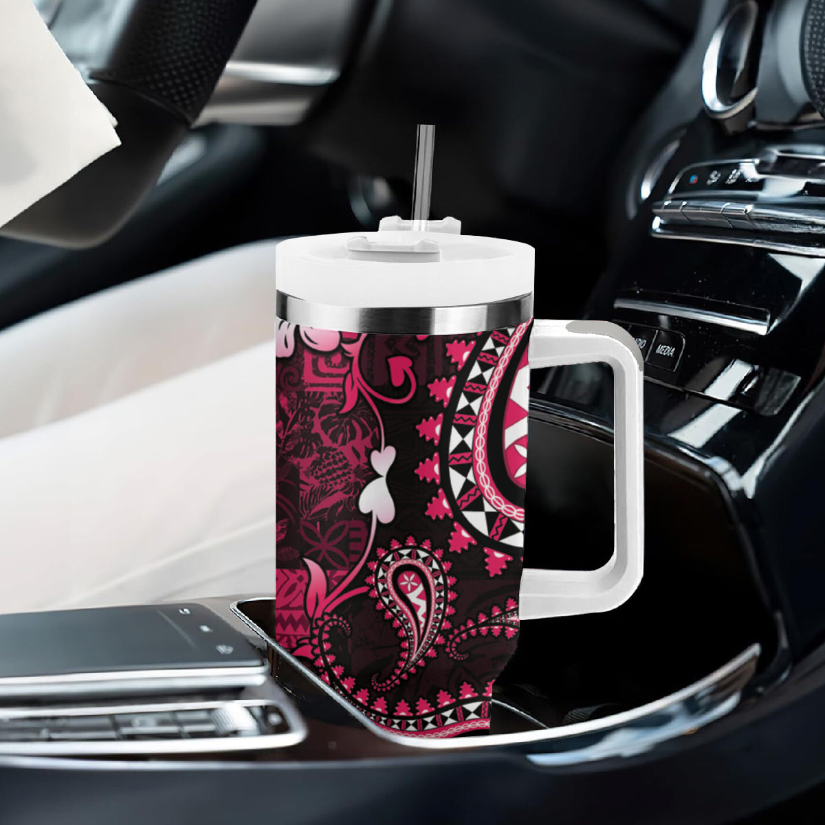 Fiji Masi Paisley With Hibiscus Tapa Tumbler With Handle Pink Version LT01 - Polynesian Pride