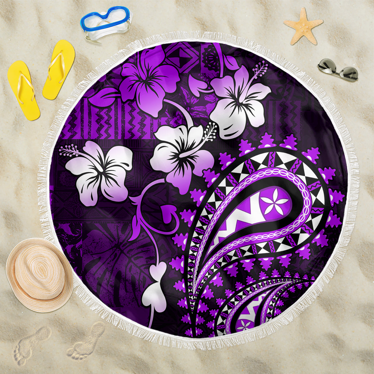 Fiji Masi Paisley Beach Blanket Fijian Hibiscus Tapa Purple Version LT01 One Size 150cm Purple - Polynesian Pride