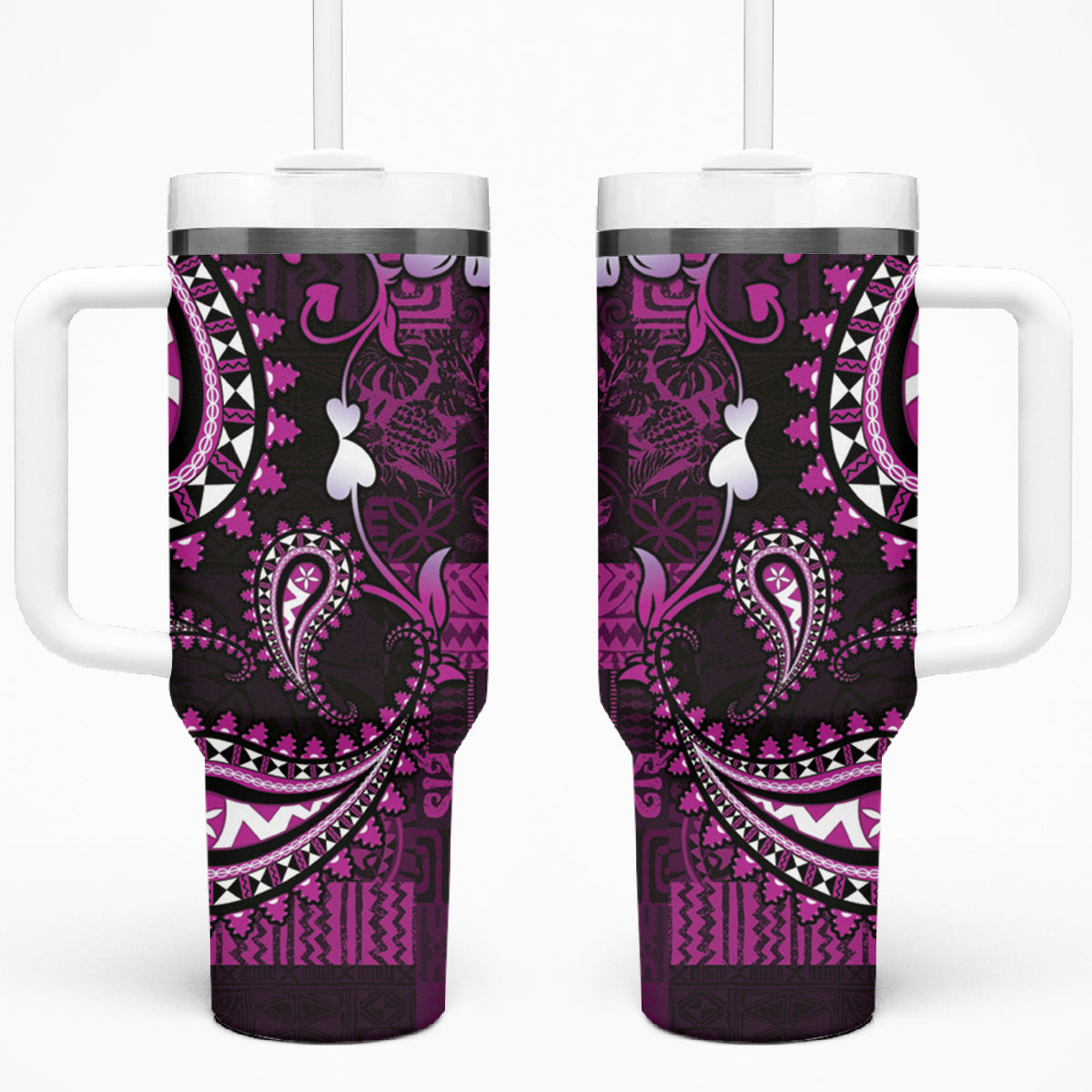 Fiji Masi Paisley Tumbler With Handle Fijian Hibiscus Tapa Purple Version LT01 One Size: 40 oz Purple - Polynesian Pride