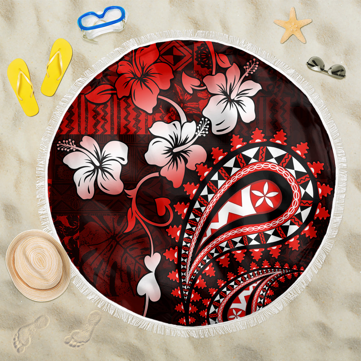 Fiji Masi Paisley Beach Blanket Fijian Hibiscus Tapa Red Version LT01 One Size 150cm Red - Polynesian Pride