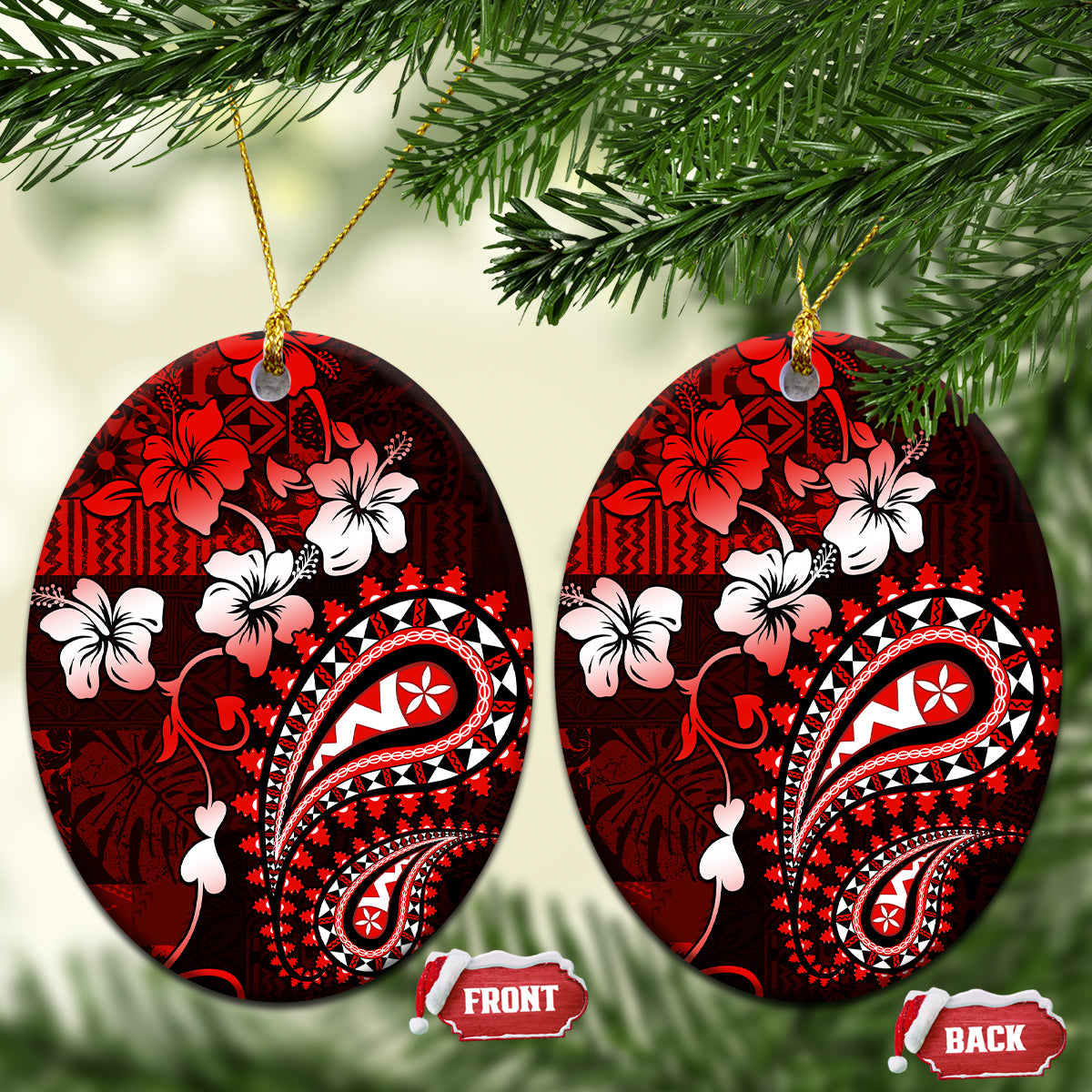 Fiji Masi Paisley Ceramic Ornament Fijian Hibiscus Tapa Red Version LT01 Oval Red - Polynesian Pride
