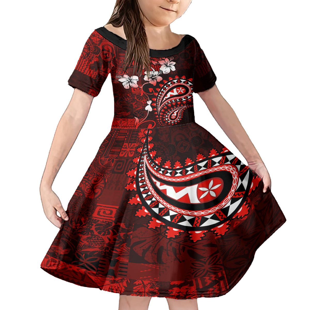Fiji Masi Paisley Kid Short Sleeve Dress Fijian Hibiscus Tapa Red Version LT01 KID Red - Polynesian Pride