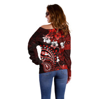 Fiji Masi Paisley Off Shoulder Sweater Fijian Hibiscus Tapa Red Version LT01 - Polynesian Pride