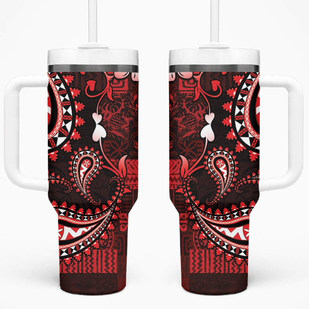 Fiji Masi Paisley Tumbler With Handle Fijian Hibiscus Tapa Red Version LT01 One Size: 40 oz Red - Polynesian Pride