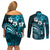 Fiji Masi Paisley Couples Matching Off Shoulder Short Dress and Long Sleeve Button Shirt Fijian Hibiscus Tapa Sky Blue Version LT01 - Polynesian Pride