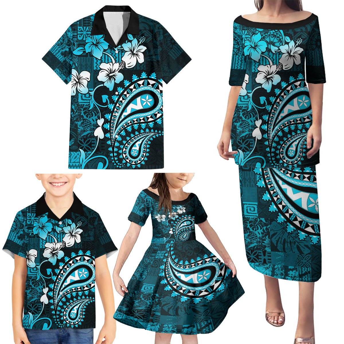 Fiji Masi Paisley Family Matching Puletasi Dress and Hawaiian Shirt Fijian Hibiscus Tapa Sky Blue Version LT01 - Polynesian Pride