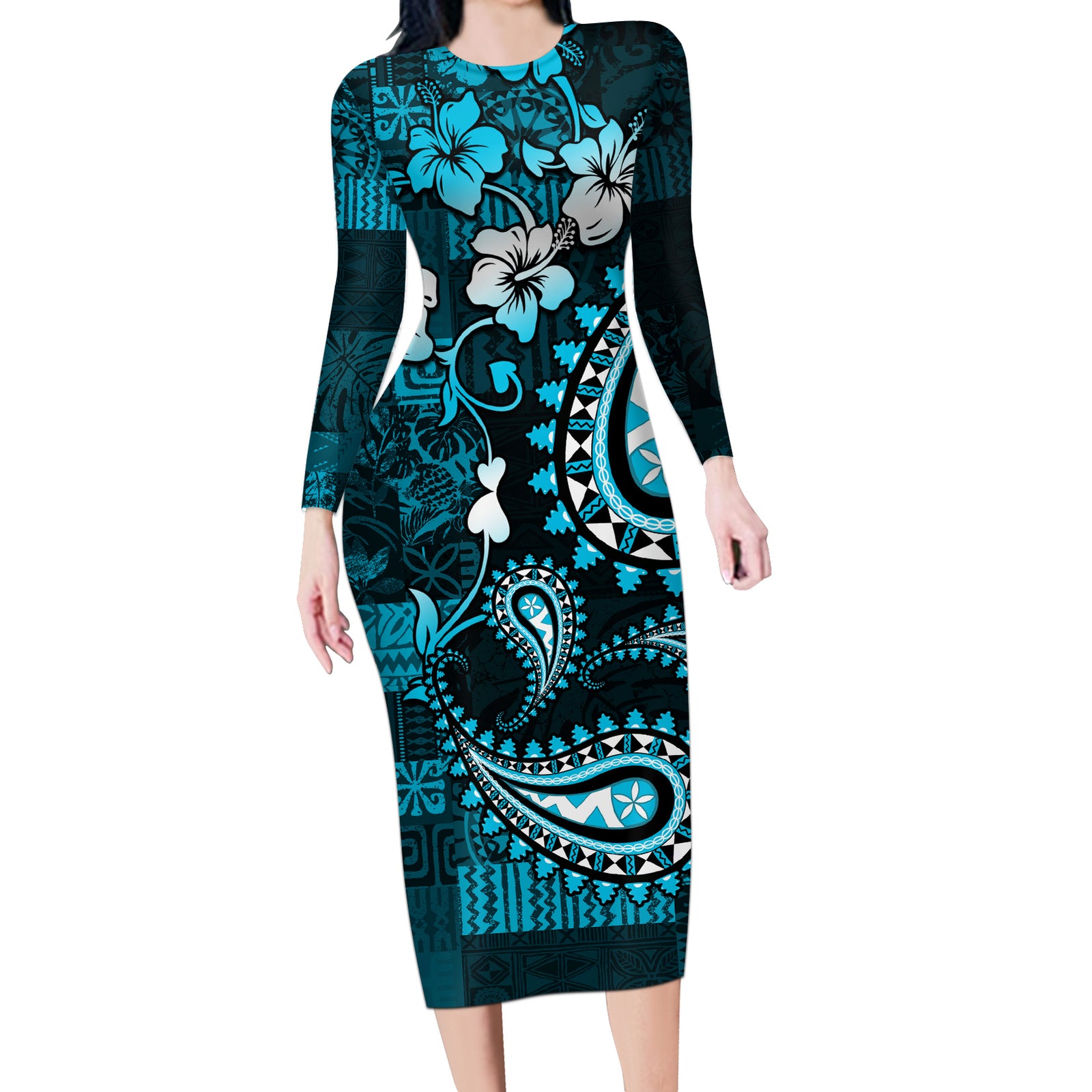 Fiji Masi Paisley Long Sleeve Bodycon Dress Fijian Hibiscus Tapa Sky Blue Version LT01 Long Dress Blue - Polynesian Pride