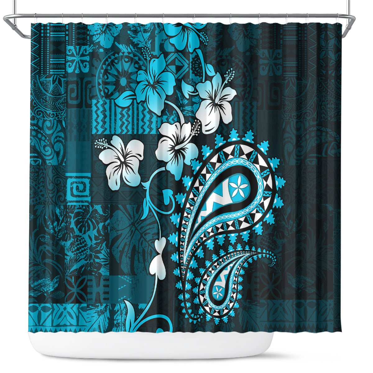 Fiji Masi Paisley Shower Curtain Fijian Hibiscus Tapa Sky Blue Version LT01 Blue - Polynesian Pride