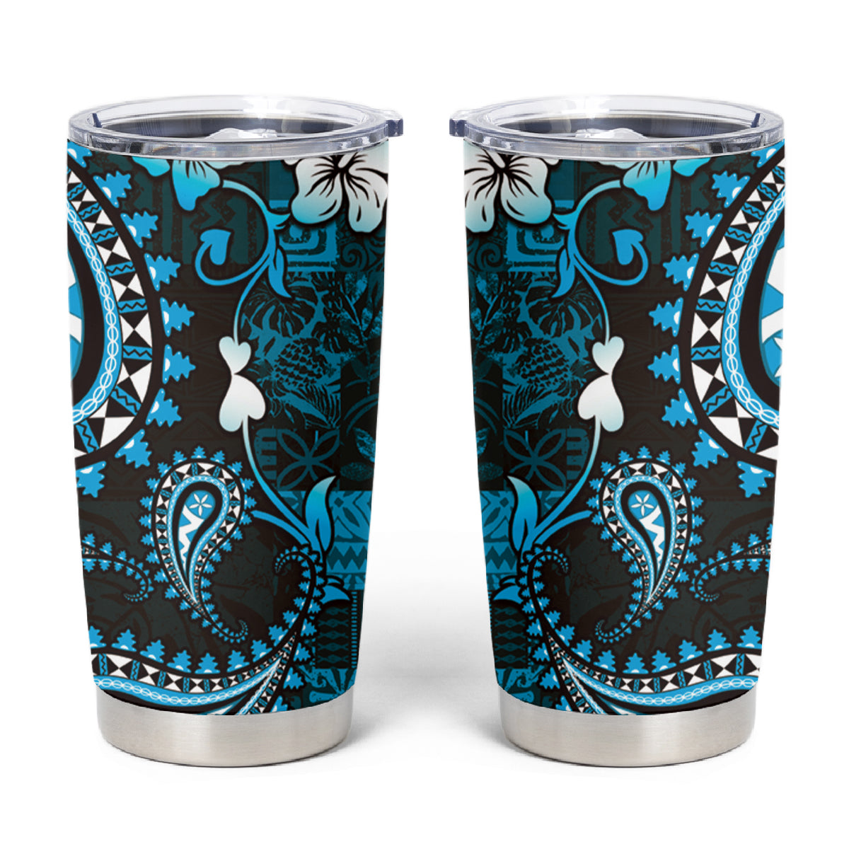 Fiji Masi Paisley Tumbler Cup Fijian Hibiscus Tapa Sky Blue Version LT01 Blue - Polynesian Pride