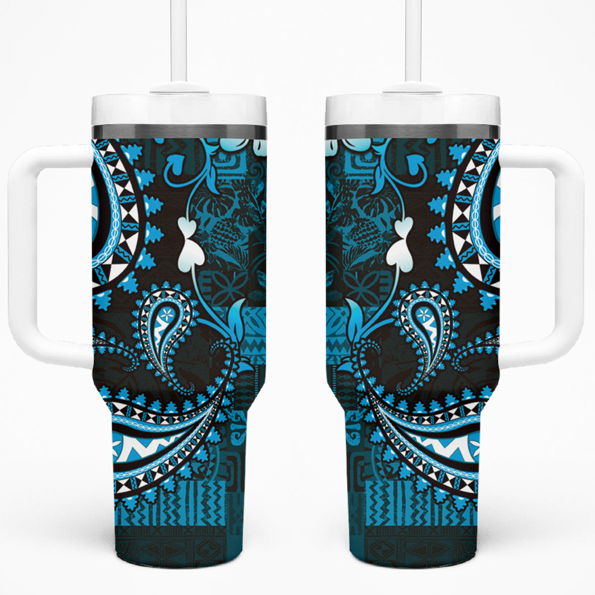 Fiji Masi Paisley Tumbler With Handle Fijian Hibiscus Tapa Sky Blue Version LT01 One Size: 40 oz Blue - Polynesian Pride