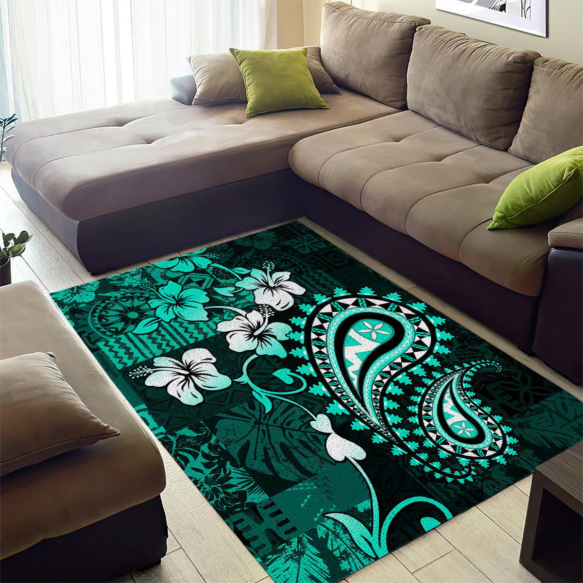 Fiji Masi Paisley Area Rug Fijian Hibiscus Tapa Turquoise Version LT01 - Polynesian Pride