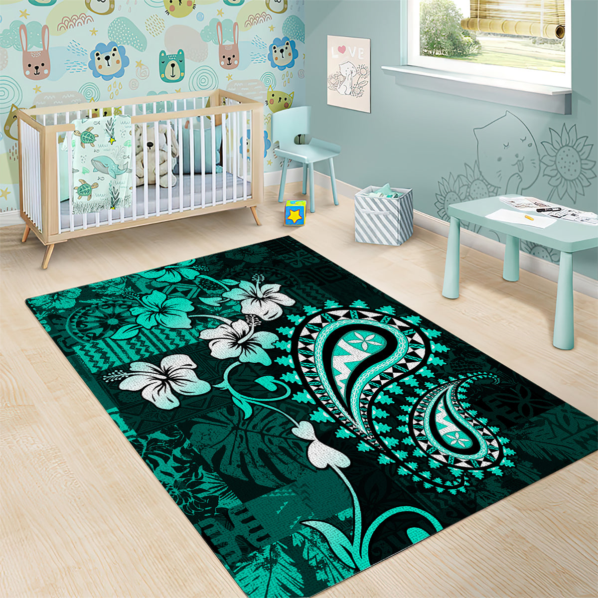 Fiji Masi Paisley Area Rug Fijian Hibiscus Tapa Turquoise Version LT01 - Polynesian Pride