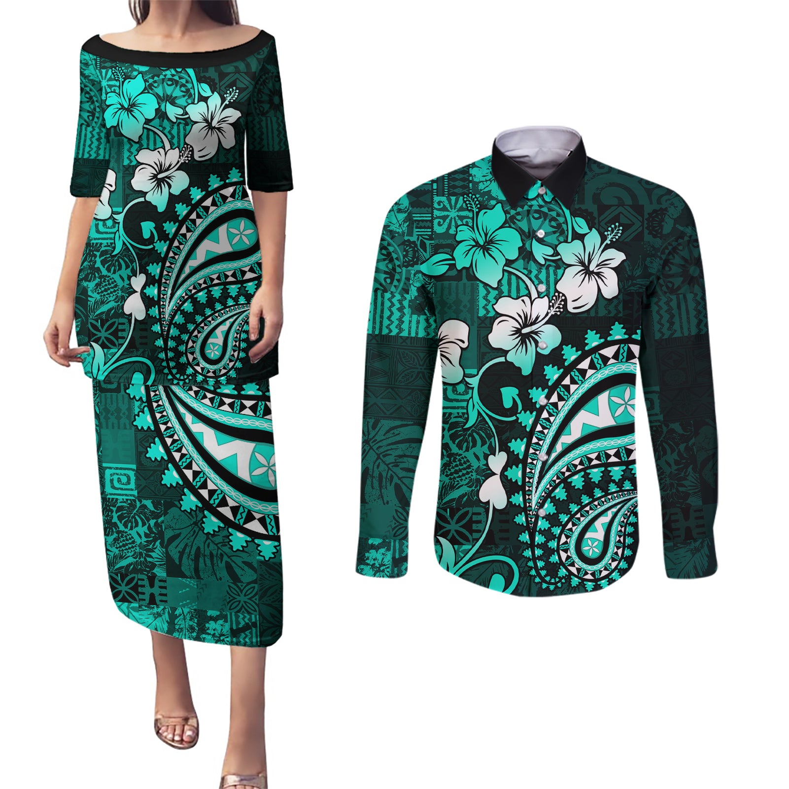 Fiji Masi Paisley Couples Matching Puletasi Dress and Long Sleeve Button Shirt Fijian Hibiscus Tapa Turquoise Version LT01 Turquoise - Polynesian Pride