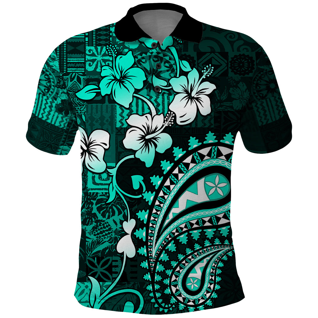 Fiji Masi Paisley Polo Shirt Fijian Hibiscus Tapa Turquoise Version LT01 Turquoise - Polynesian Pride