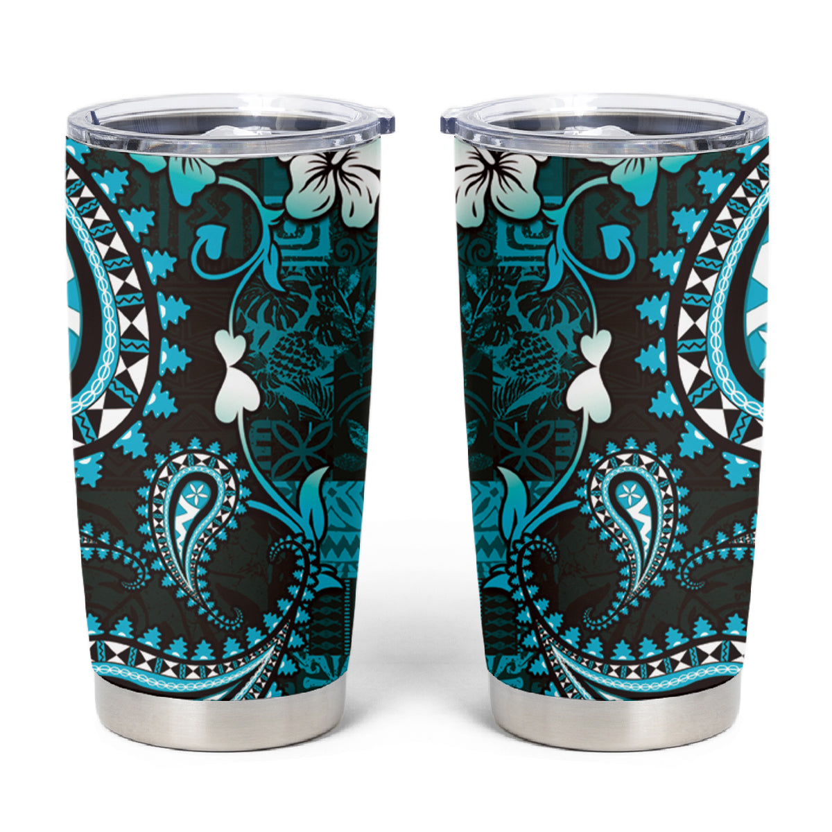 Fiji Masi Paisley Tumbler Cup Fijian Hibiscus Tapa Turquoise Version LT01 Turquoise - Polynesian Pride