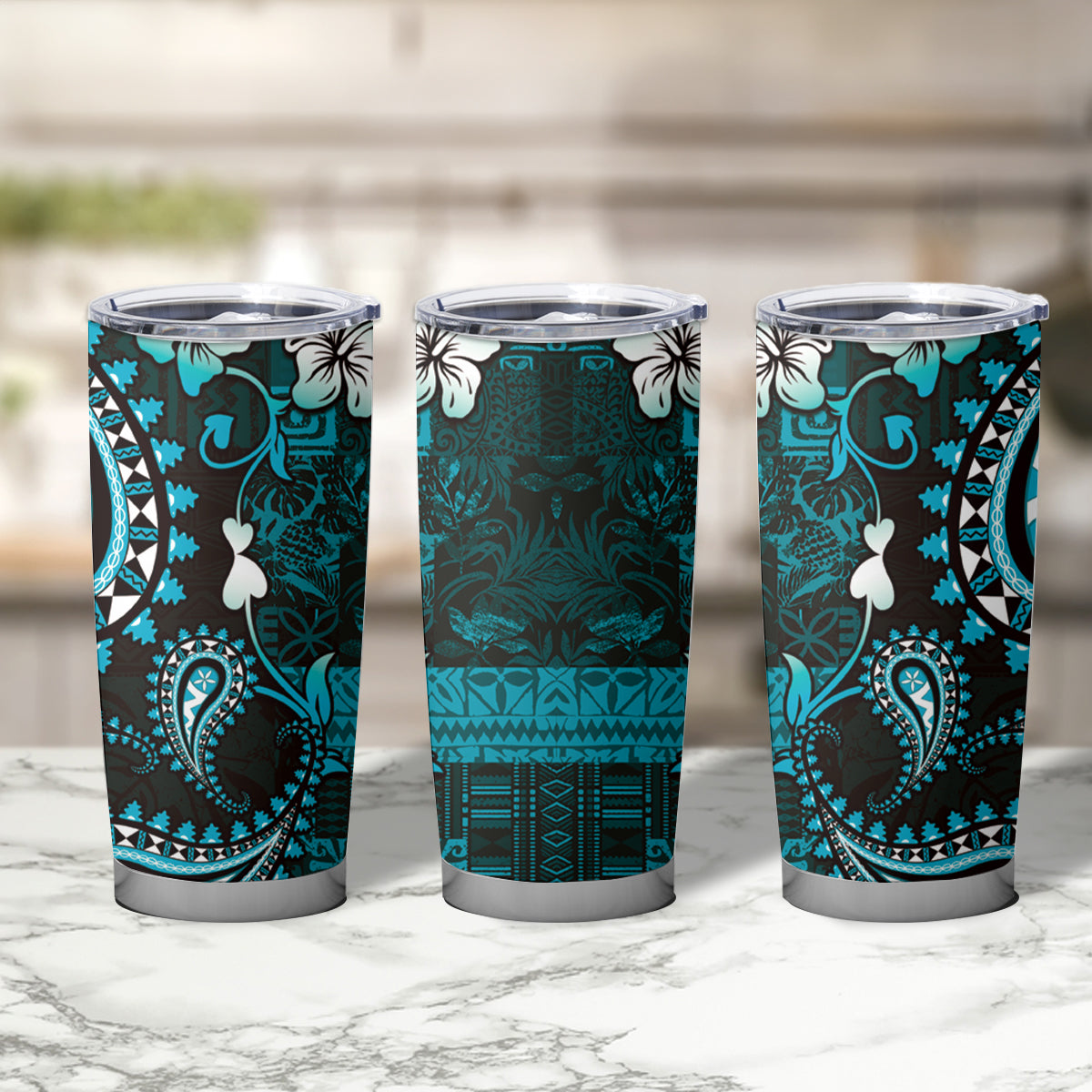 Fiji Masi Paisley Tumbler Cup Fijian Hibiscus Tapa Turquoise Version LT01 - Polynesian Pride
