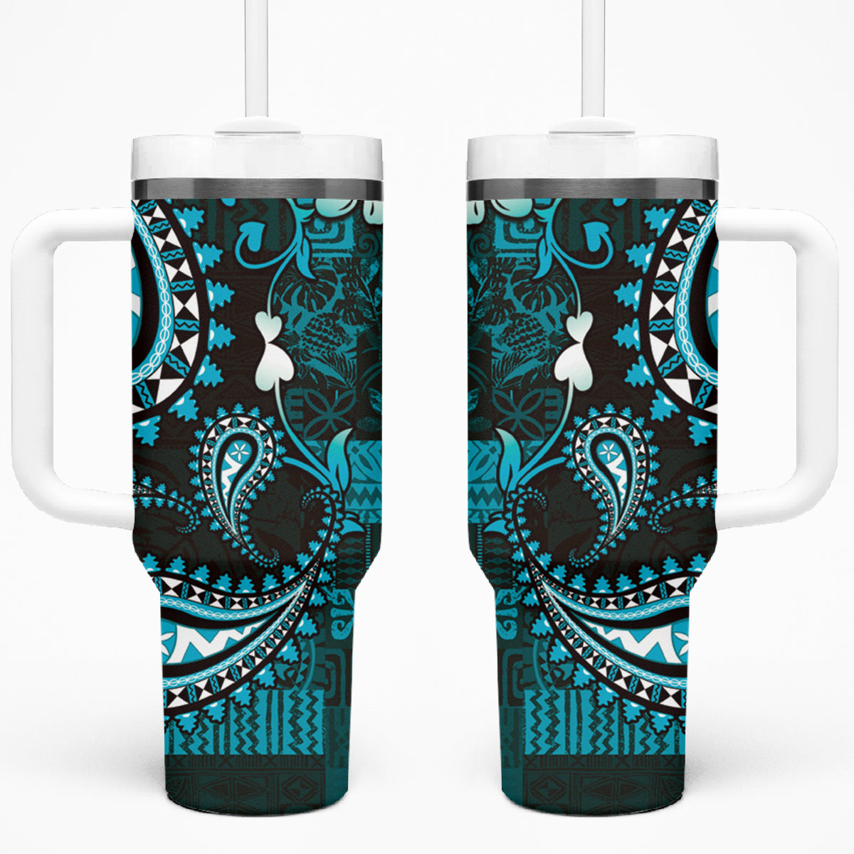 Fiji Masi Paisley Tumbler With Handle Fijian Hibiscus Tapa Turquoise Version LT01 One Size: 40 oz Turquoise - Polynesian Pride