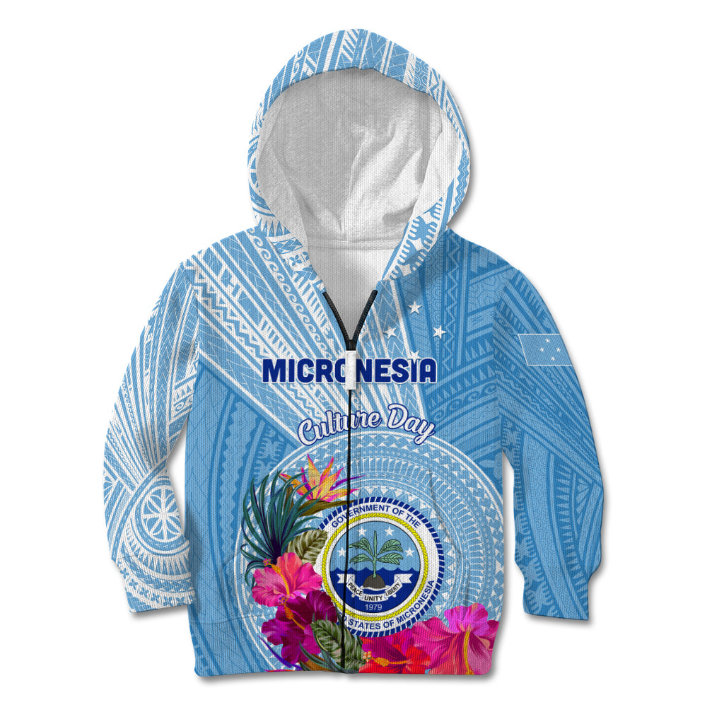 Micronesia Culture Day Kid Hoodie Tribal Pattern Tropical Style LT01 Zip Hoodie Blue - Polynesian Pride