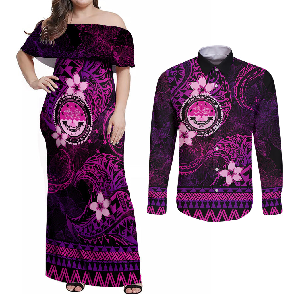 FSM Culture Day Couples Matching Off Shoulder Maxi Dress and Long Sleeve Button Shirt Tribal Pattern Pink Version LT01 Pink - Polynesian Pride