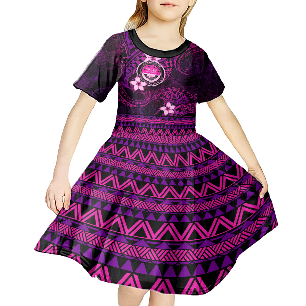 FSM Culture Day Kid Short Sleeve Dress Tribal Pattern Pink Version LT01 - Polynesian Pride