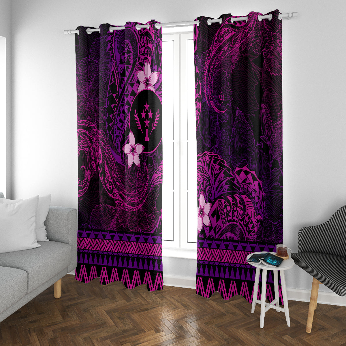 FSM Kosrae State Window Curtain Tribal Pattern Pink Version LT01 With Grommets Pink - Polynesian Pride