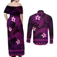 FSM Pohnpei State Couples Matching Off Shoulder Maxi Dress and Long Sleeve Button Shirt Tribal Pattern Pink Version LT01 - Polynesian Pride