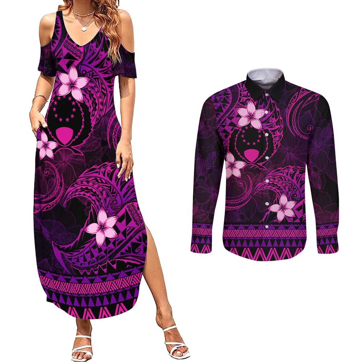 FSM Pohnpei State Couples Matching Summer Maxi Dress and Long Sleeve Button Shirt Tribal Pattern Pink Version LT01 Pink - Polynesian Pride