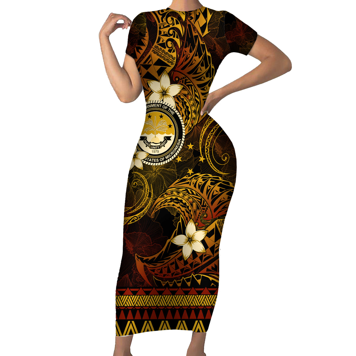 FSM Culture Day Short Sleeve Bodycon Dress Tribal Pattern Gold Version LT01 Long Dress Gold - Polynesian Pride