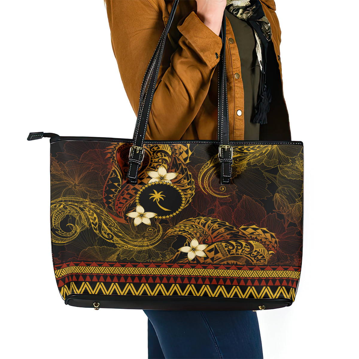 FSM Chuuk State Leather Tote Bag Tribal Pattern Gold Version LT01 - Polynesian Pride
