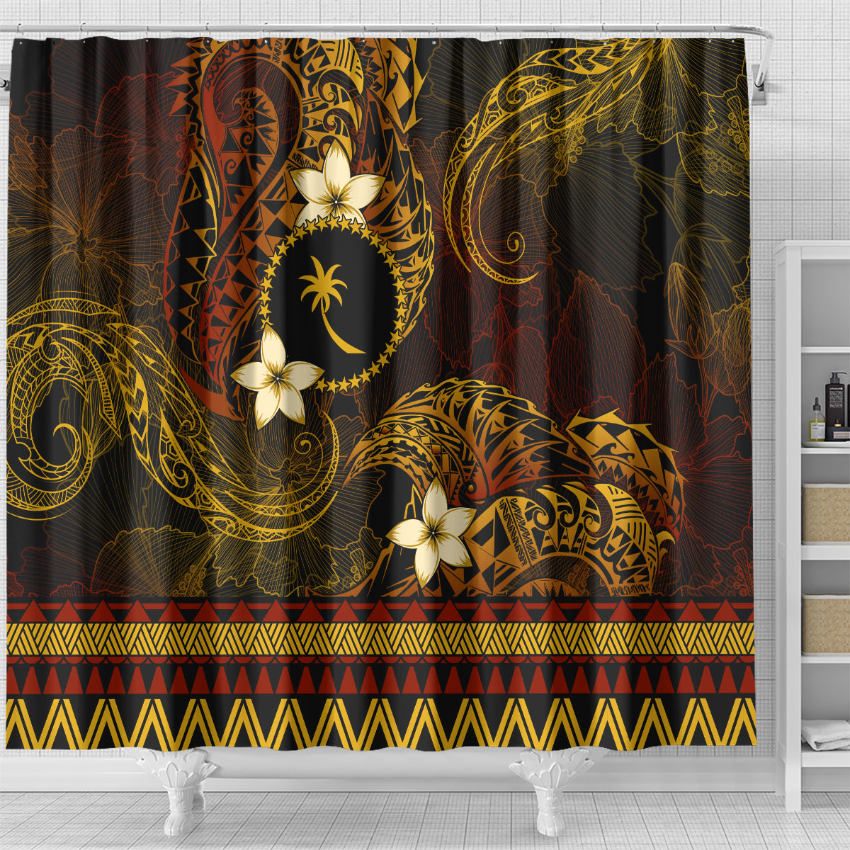 FSM Chuuk State Shower Curtain Tribal Pattern Gold Version LT01 - Polynesian Pride
