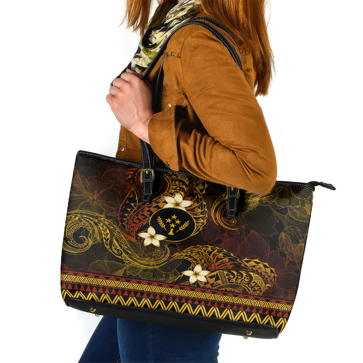 FSM Kosrae State Leather Tote Bag Tribal Pattern Gold Version LT01 Gold - Polynesian Pride