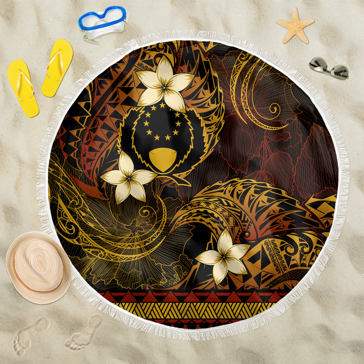 FSM Pohnpei State Beach Blanket Tribal Pattern Gold Version LT01 One Size 150cm Gold - Polynesian Pride