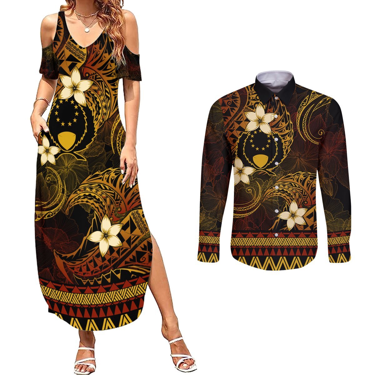 FSM Pohnpei State Couples Matching Summer Maxi Dress and Long Sleeve Button Shirt Tribal Pattern Gold Version LT01 Gold - Polynesian Pride