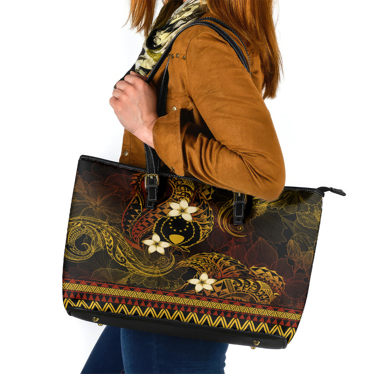 FSM Pohnpei State Leather Tote Bag Tribal Pattern Gold Version LT01 Gold - Polynesian Pride