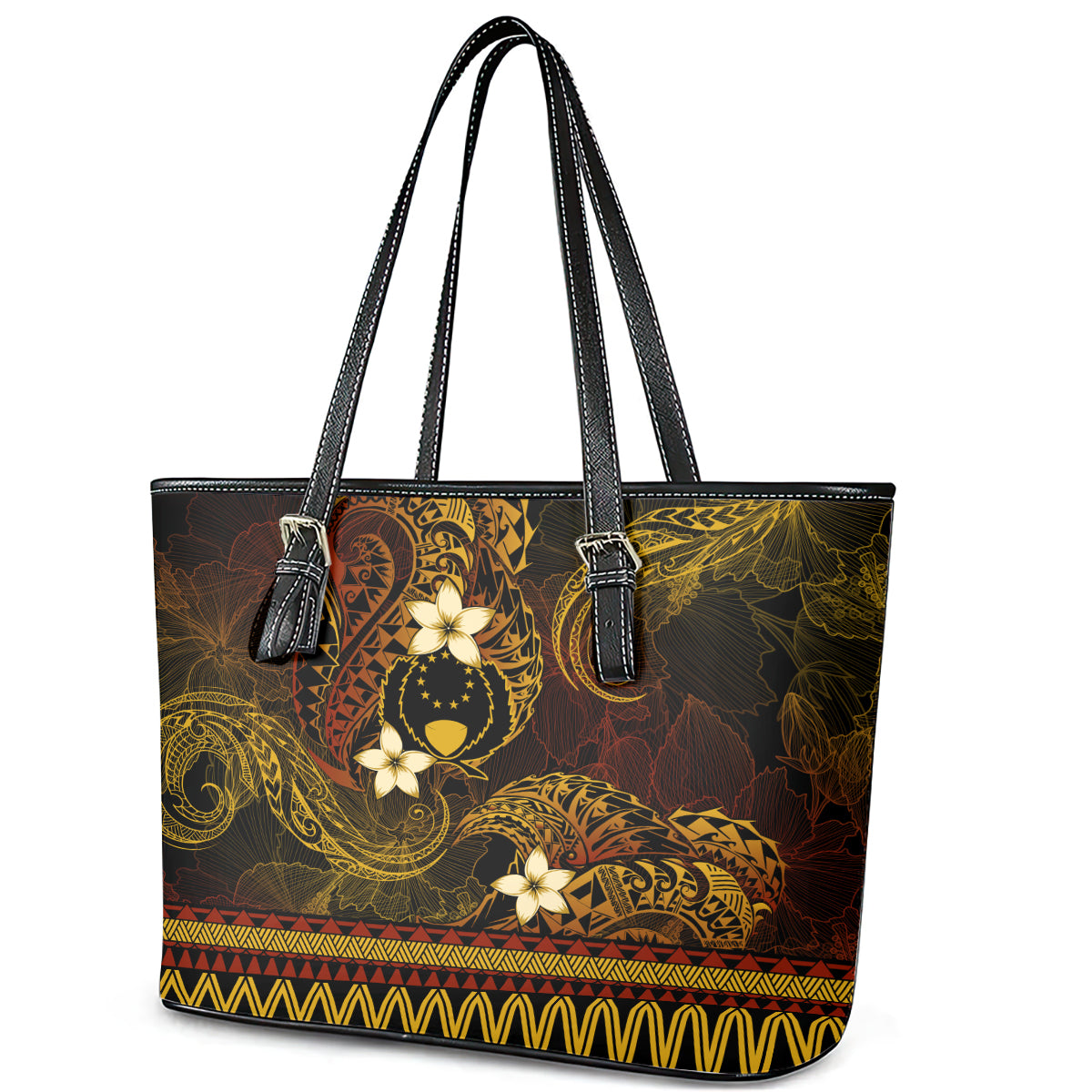 FSM Pohnpei State Leather Tote Bag Tribal Pattern Gold Version LT01 - Polynesian Pride