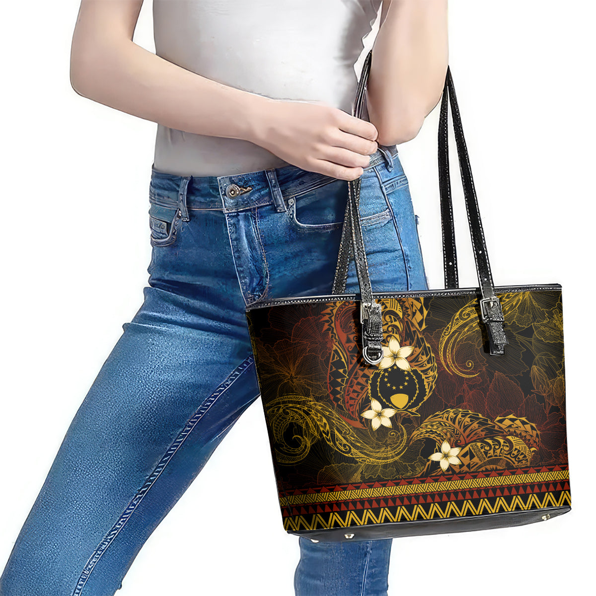 FSM Pohnpei State Leather Tote Bag Tribal Pattern Gold Version LT01 - Polynesian Pride