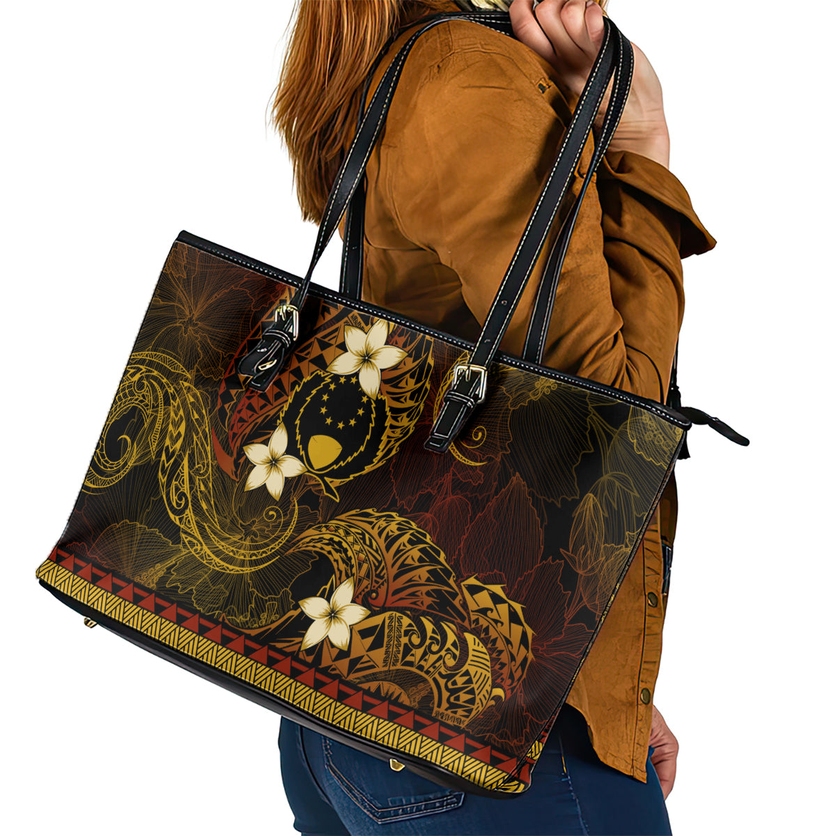 FSM Pohnpei State Leather Tote Bag Tribal Pattern Gold Version LT01 - Polynesian Pride