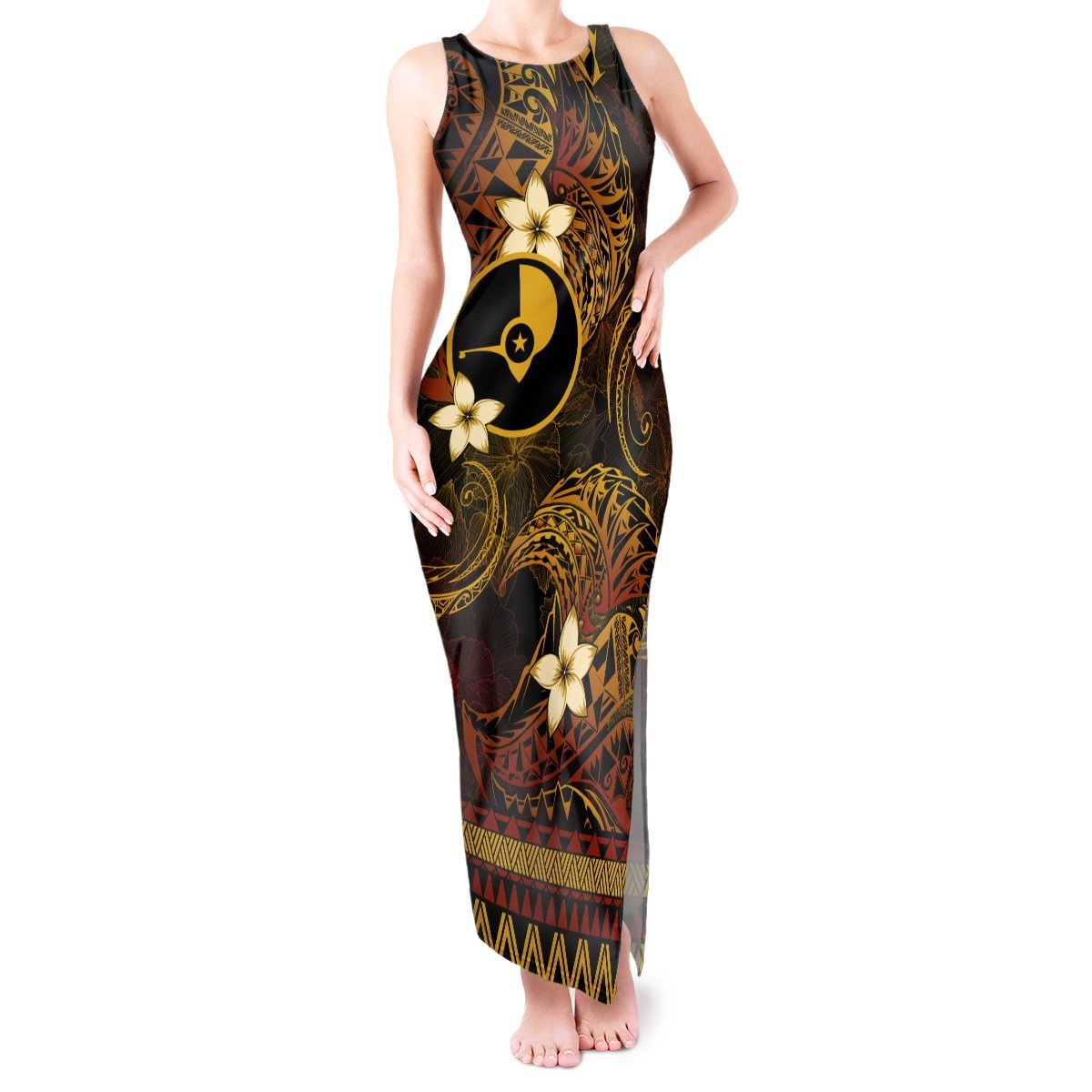 FSM Yap State Tank Maxi Dress Tribal Pattern Gold Version LT01 Women Gold - Polynesian Pride