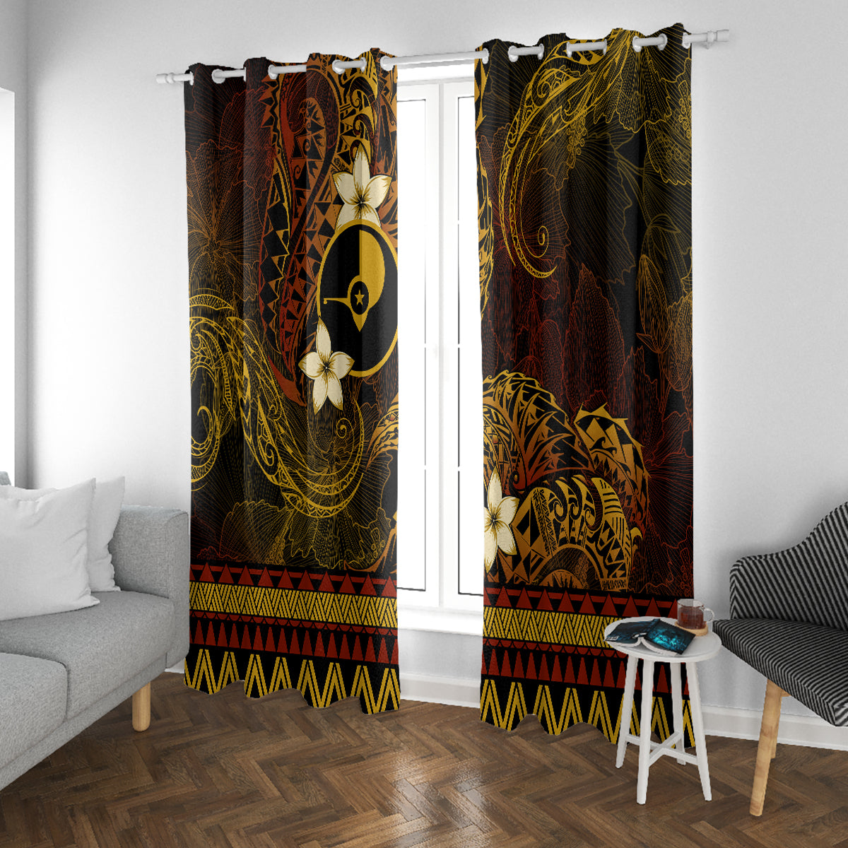 FSM Yap State Window Curtain Tribal Pattern Gold Version LT01 With Grommets Gold - Polynesian Pride