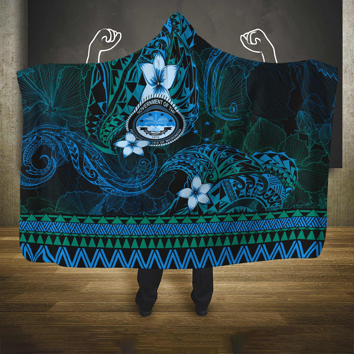 FSM Culture Day Hooded Blanket Tribal Pattern Ocean Version LT01 One Size Blue - Polynesian Pride
