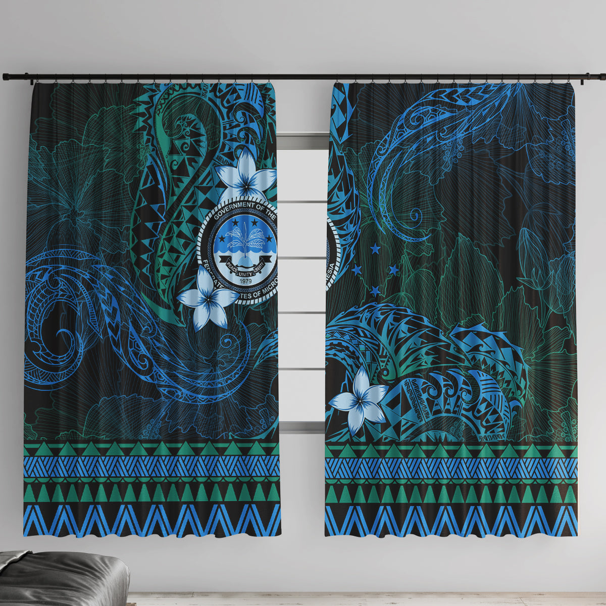 FSM Culture Day Window Curtain Tribal Pattern Ocean Version LT01 With Hooks Blue - Polynesian Pride