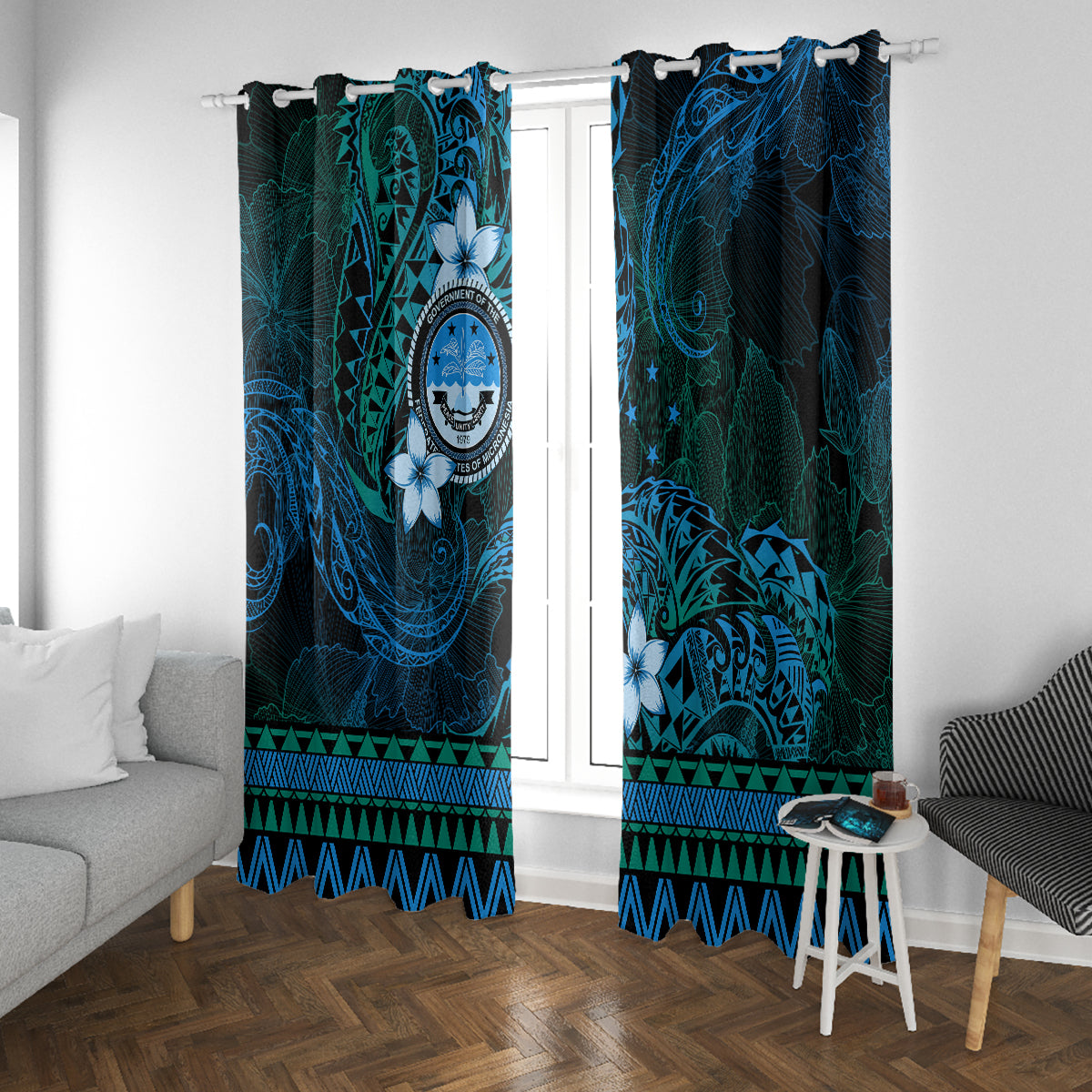 FSM Culture Day Window Curtain Tribal Pattern Ocean Version LT01 With Grommets Blue - Polynesian Pride