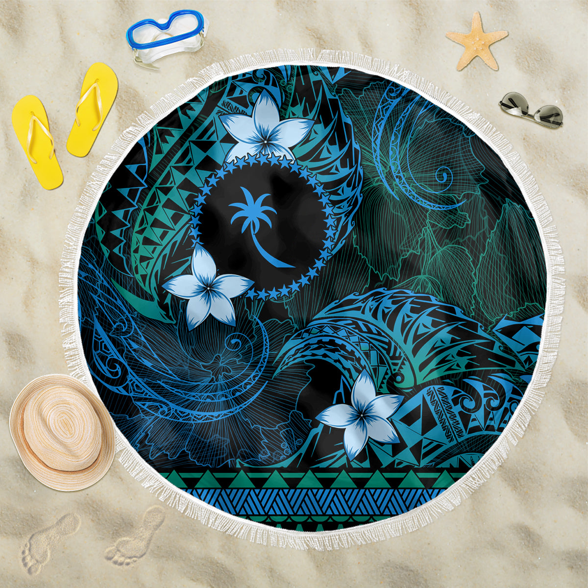 FSM Chuuk State Beach Blanket Tribal Pattern Ocean Version LT01 One Size 150cm Blue - Polynesian Pride