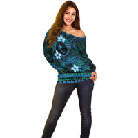 FSM Chuuk State Off Shoulder Sweater Tribal Pattern Ocean Version LT01 - Polynesian Pride