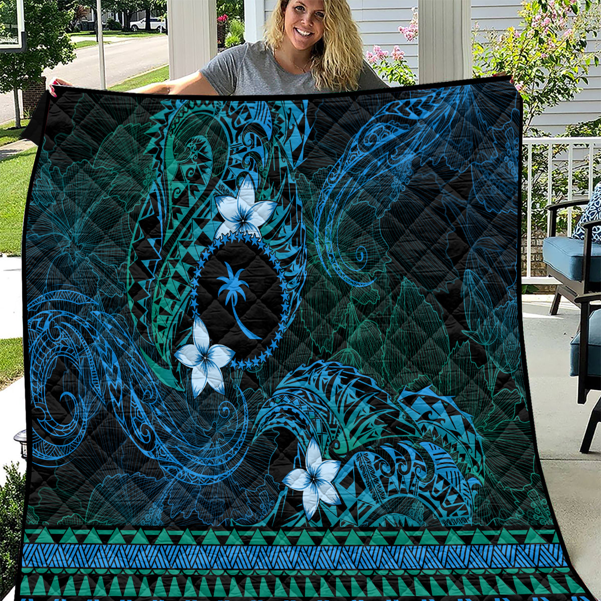 FSM Chuuk State Quilt Tribal Pattern Ocean Version LT01 Blue - Polynesian Pride