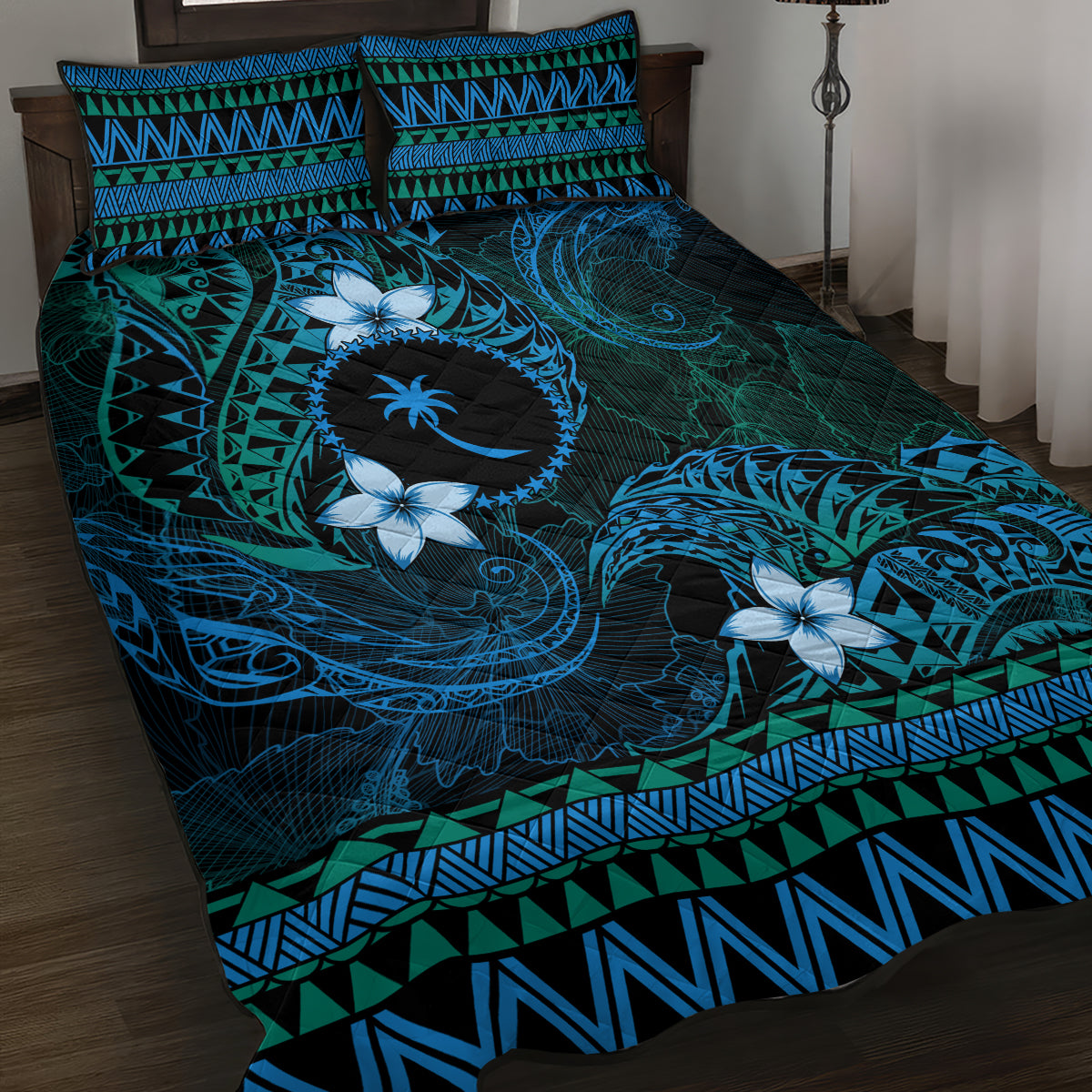 FSM Chuuk State Quilt Bed Set Tribal Pattern Ocean Version LT01 Blue - Polynesian Pride