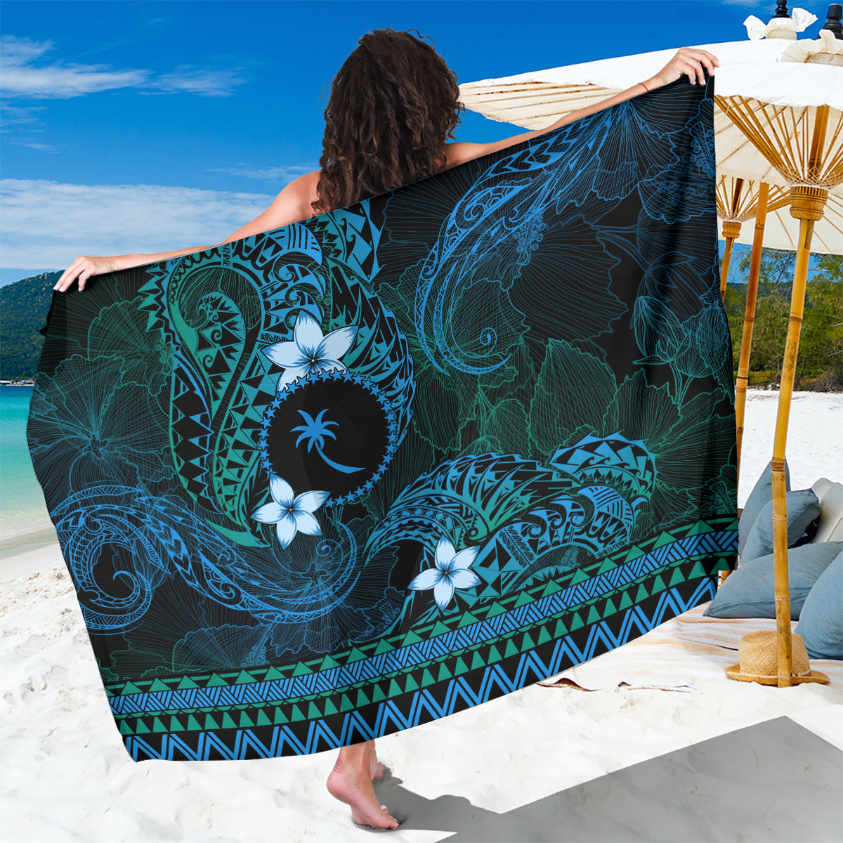 FSM Chuuk State Sarong Tribal Pattern Ocean Version LT01 One Size 44 x 66 inches Blue - Polynesian Pride