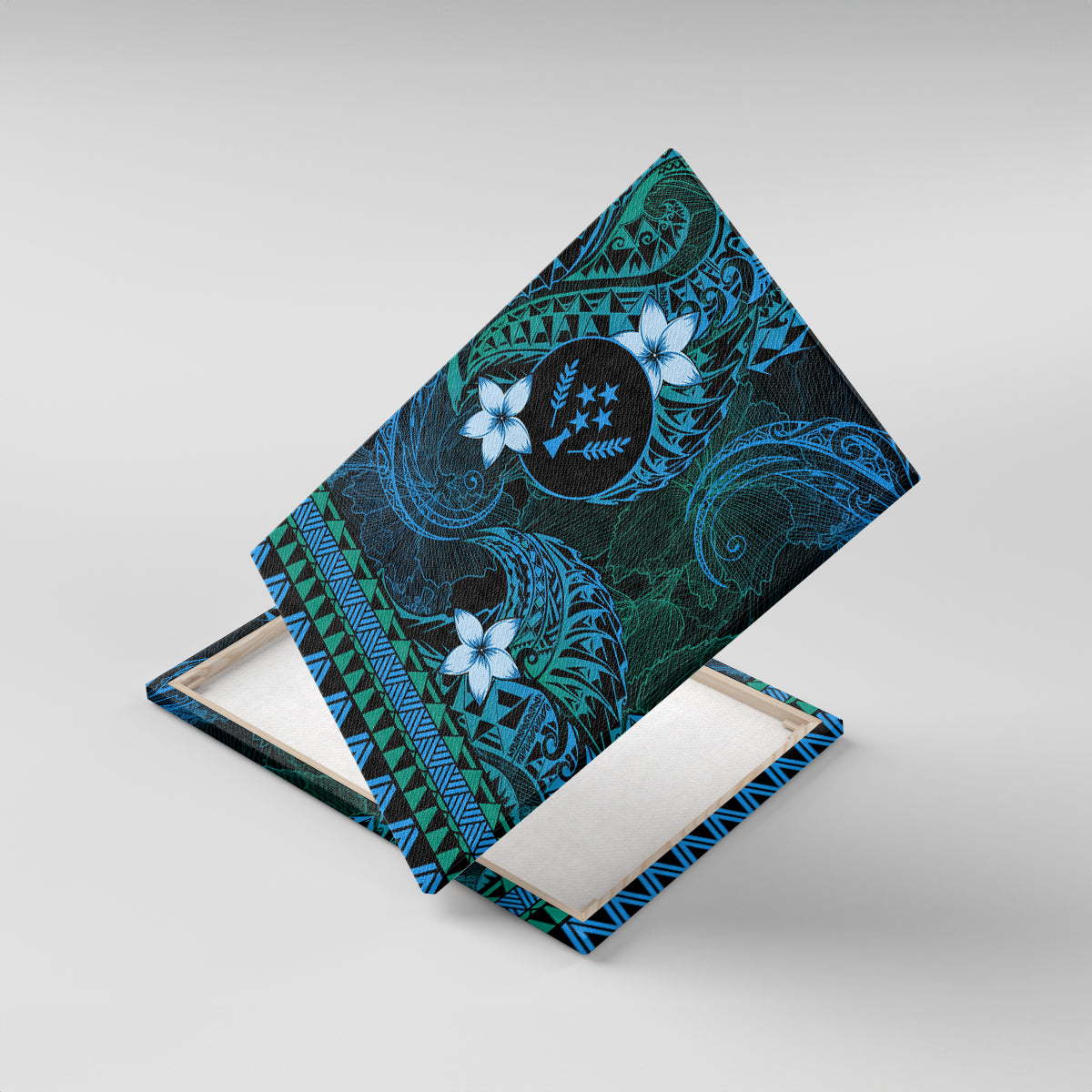 FSM Kosrae State Canvas Wall Art Tribal Pattern Ocean Version LT01 With Frame Blue - Polynesian Pride